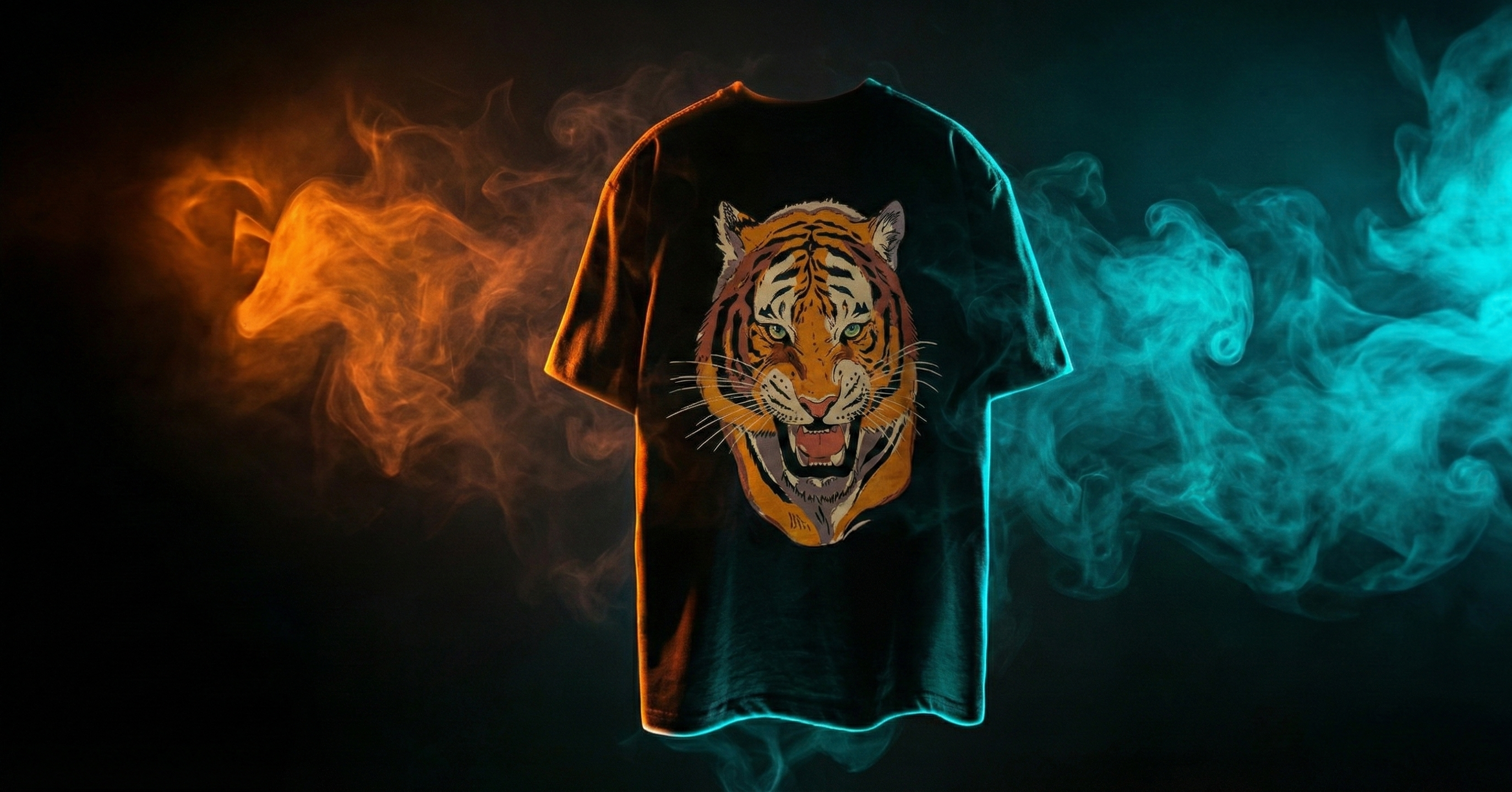 T-shirt with a tiger design on a dark background with colorful smoke effects