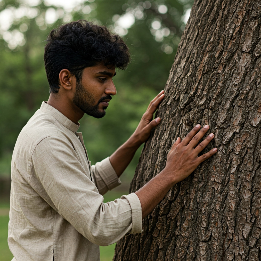 Symbolic image of hands on tree bark - Timber Tribe's environmental pledge